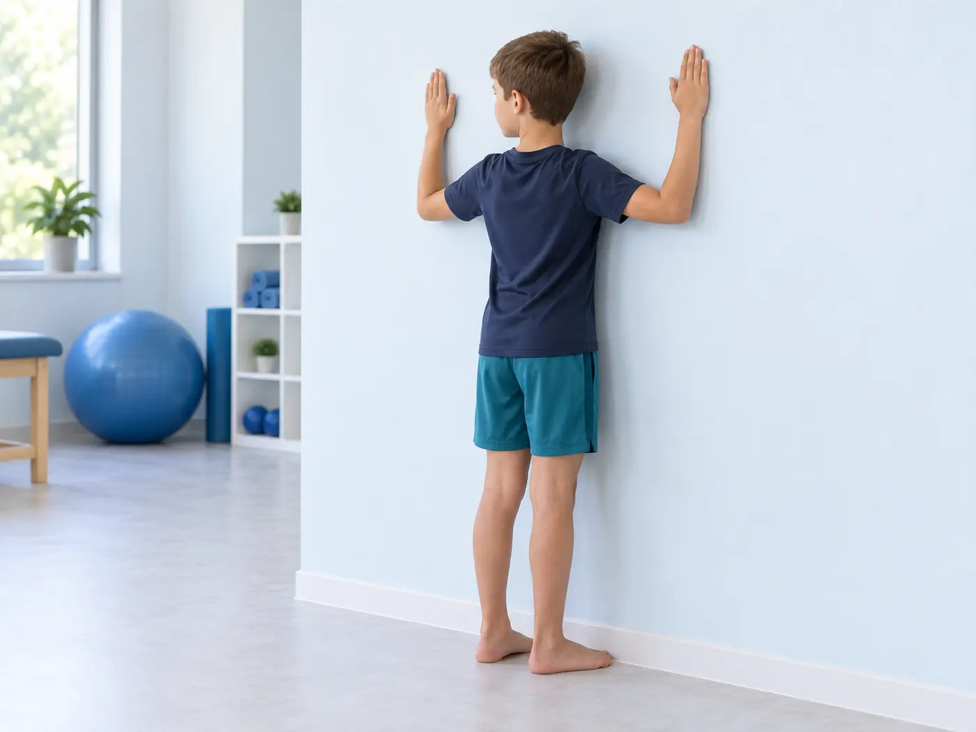 Person standing in front of a wall, sliding their forearms up the wall.