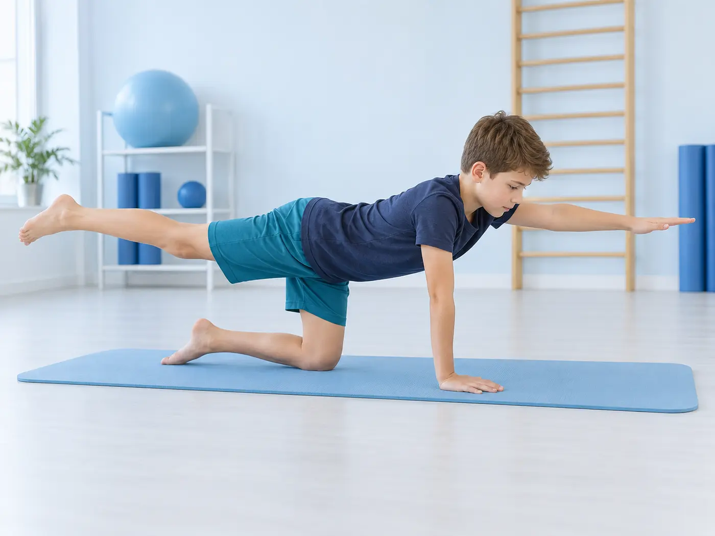 Person on all fours extending their left arm and right leg parallel to the floor.