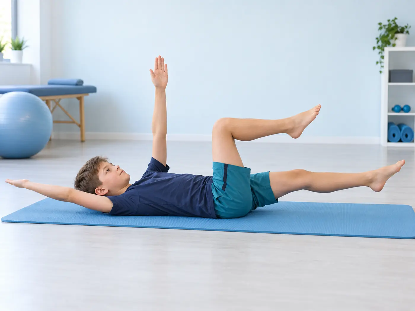 Person lying on their back, lowering one arm and the opposite leg while keeping their lower back on the floor.