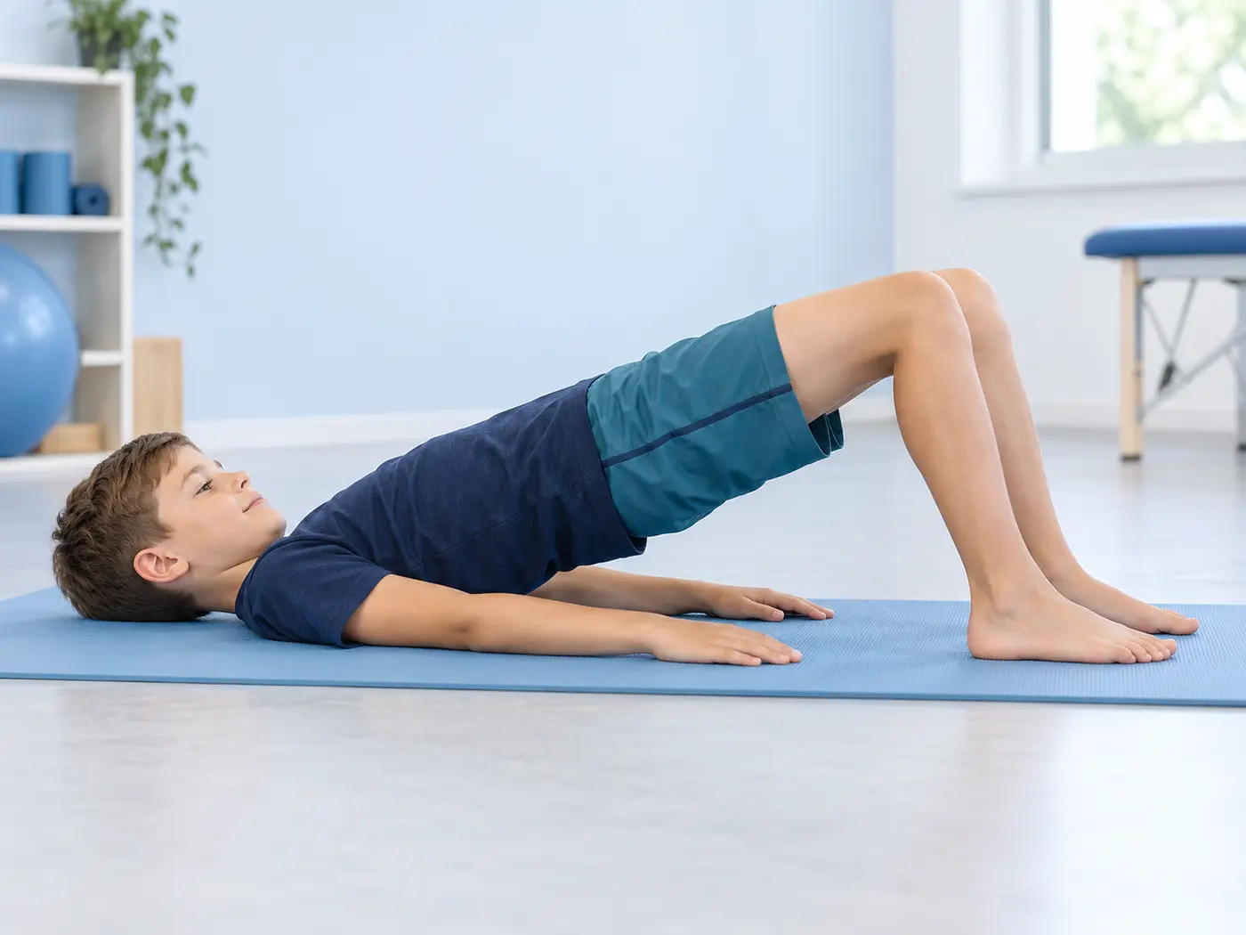 Person lying on their back with feet on the floor, lifting their pelvis to form a bridge.
