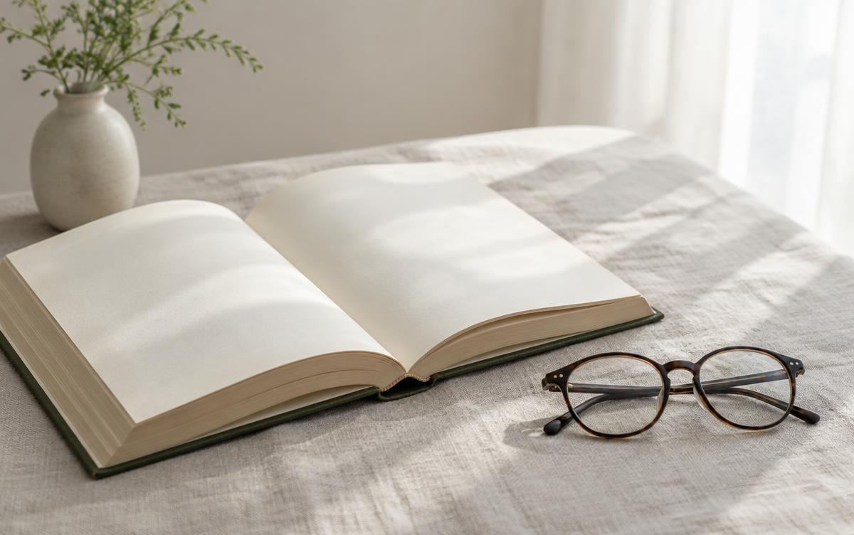 Открытая книга и очки в мягком свете